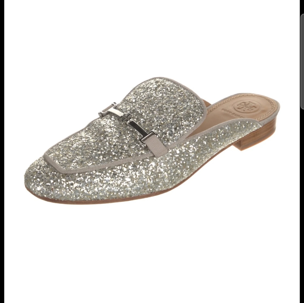 Tory Burch Silver Glitter Mules